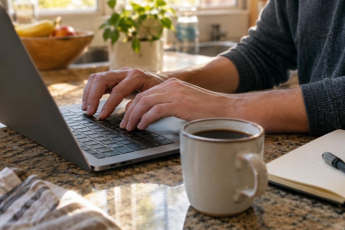 Hands typing an email on a laptop at a kitchen counter to contact us at Likes Blogs